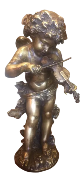 1900's Signed E. Gregoire French Bronze Cherub With Violin