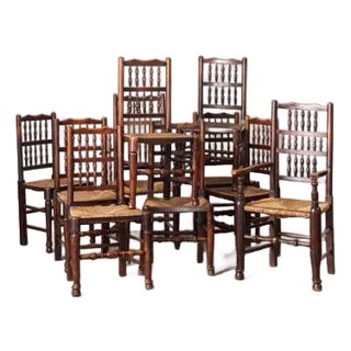 Set of 10 Late 18th Century Oak Lancaster Spindle Rush Seat Chairs (2 Arms, 8 Sides) For Sale