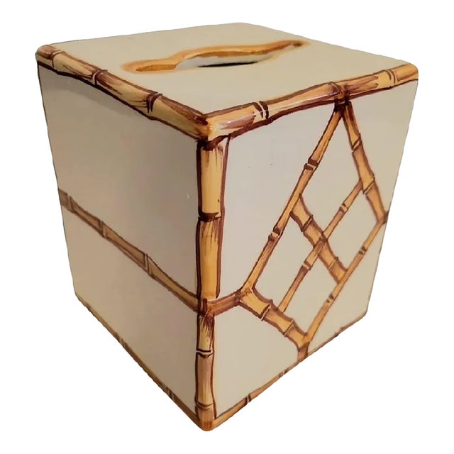 Italian Faux Bamboo Palm Beach Regency Style Ceramic White Brown Tissue Box Holder Cover For Sale