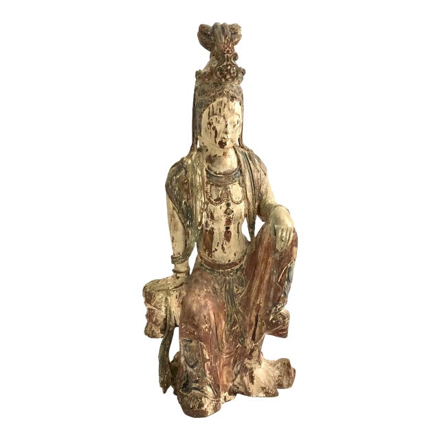 1950s Carved Chinese Seated Guanyin Figure With Old Painted Finish For Sale