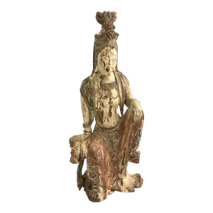 1950s Carved Chinese Seated Guanyin Figure With Old Painted Finish