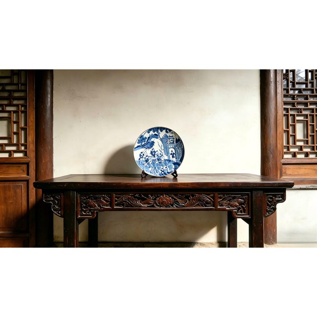 Art Deco Chinese Ceramic Plate,Qianlong Marked Blue and White Porcelain Plate Hand Painted Figures Story Pattern For Sale - Image 3 of 11