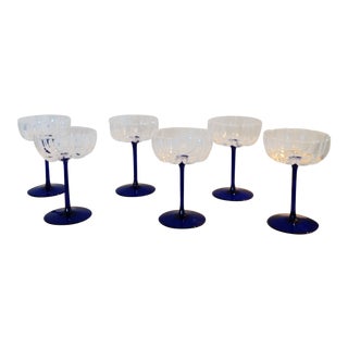Vintage Cobalt Stem Champagne Glasses - Set of 6 For Sale