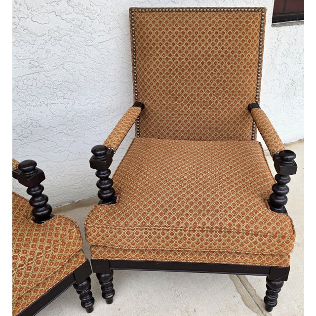 Jacobean Louis XIII Style Bobbin Turned Lounge Armchairs Ebonized Nailhead Pair For Sale - Image 10 of 15