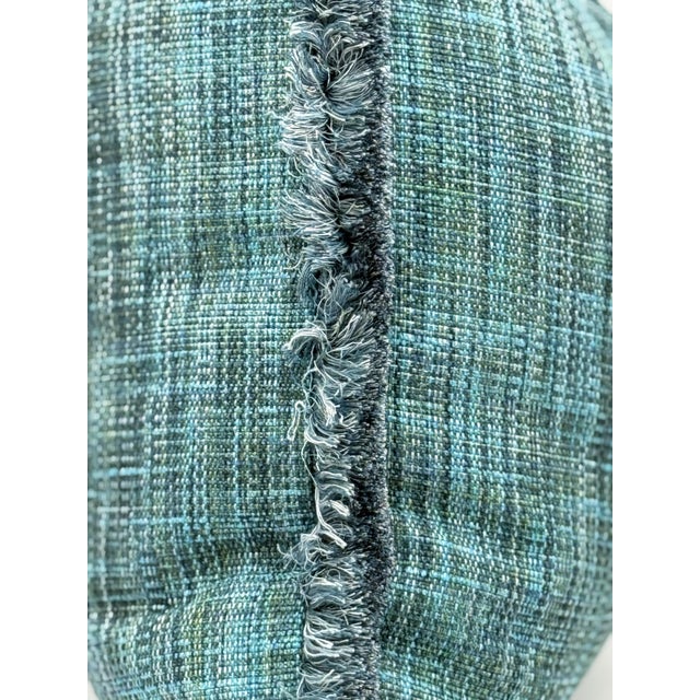 Textile Teal Tweed Throw Pillow Cover With Fringe For Sale - Image 7 of 8