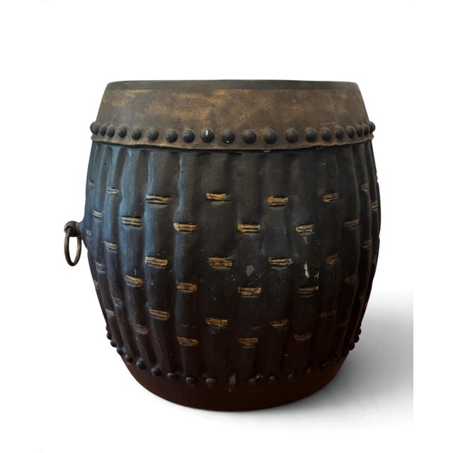 A lovely Japanese ceremonial Buddhist keyaki drum or side table. Measurements 16.5" Diamaeter x 17.25"H Handle adds 1.5"...