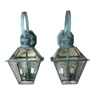 Pair of Vintage Solid Brass Lanterns - 9” X 9” X 18” High For Sale