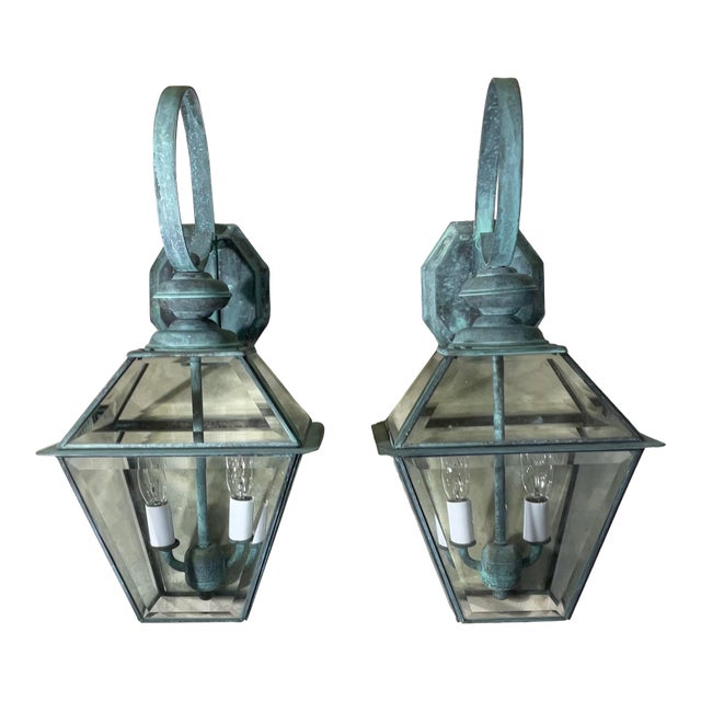 Pair of Vintage Solid Brass Lanterns - 9” X 9” X 18” High For Sale