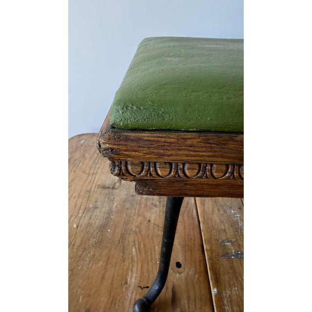 Wood 19th Century Antique Cobblers Stool-Carved-Egg and -Dart Trim, Green Leather and Iron Legs. For Sale - Image 7 of 12