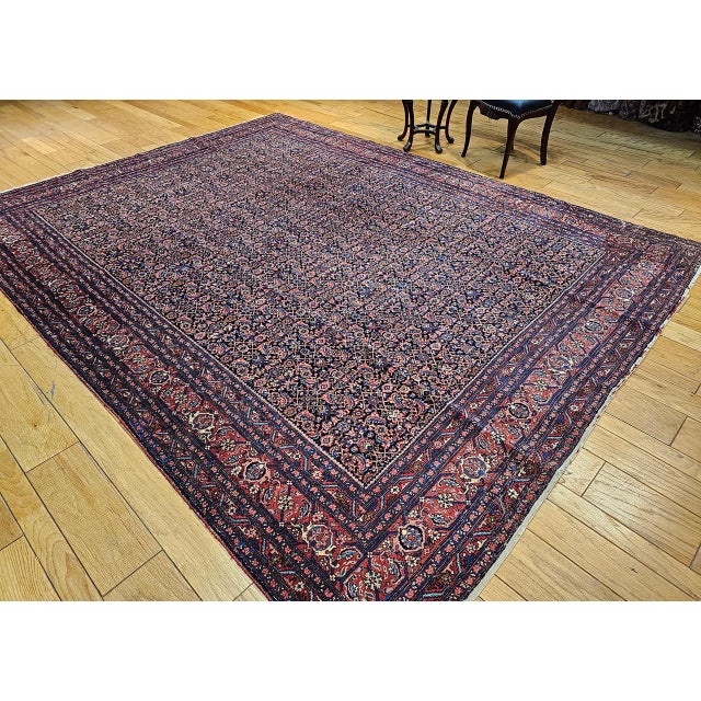Vintage Persian Bidjar Rug, Hand-Knotted Wool, All-over Herati Geometric Pattern, Navy & Rust-Red,9x12 For Sale - Image 4 of 16