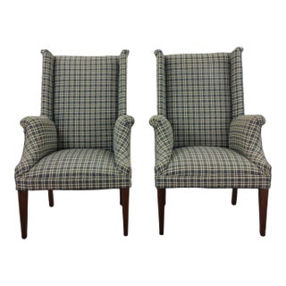 Vintage Pair of Blue and White Checkered Colonial Wingback Chairs With Wood Legs For Sale