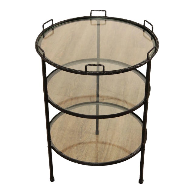 Mid Century Modern Wrought Iron & Glass Tiered Round Side Table For Sale