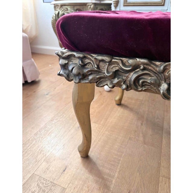 Mid 19th Century Antique Carved Giltwood Bench in Newly Upholstered Plum Velvet For Sale - Image 5 of 10