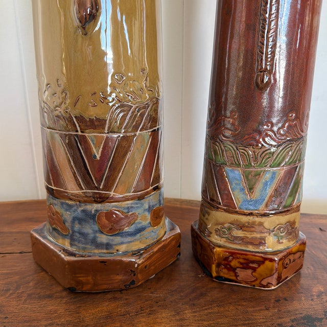 Oxblood Red Mid 20th Century Pair of Monumental Asian-Inspired Glazed Ceramic Court Figures For Sale - Image 8 of 12