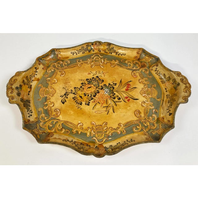 Stunning vintage hand-painted paper mache Japanese Florentine style tray with scalloped edges and beautiful center floral...