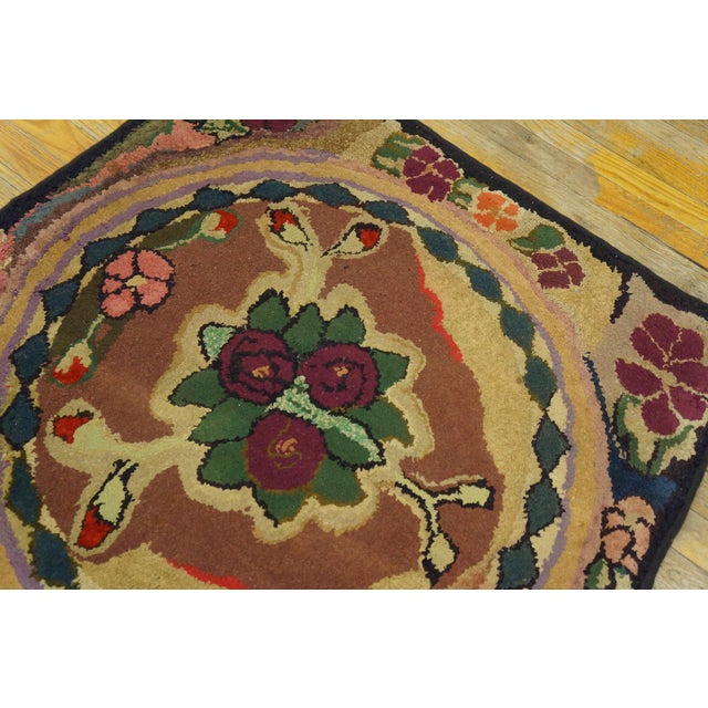 1930s Tan Camel Floral Folk Art Antique American Hooked Rug 3' 0" X 3' 4" Hand Knotted Wool Carpet For Sale - Image 4 of 6