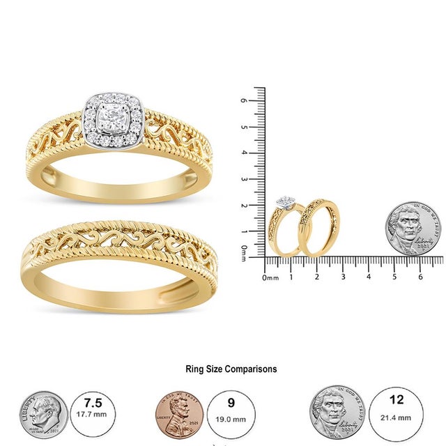 14K Yellow Gold Plated .925 Sterling Silver 1/5 Cttw Diamond Halo and Milgrain Finish Engagement Ring Bridal Set (I-J Color I3 Clarity) - Size 6 For Sale In New York - Image 6 of 6