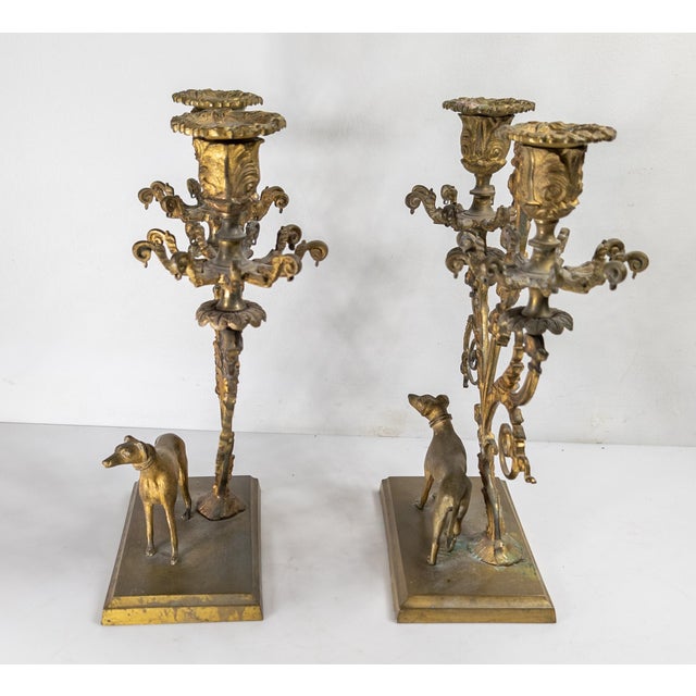 Bronze 19th Century Pair of French Regency Gilt Bronze Candleholders With Greyhound Dogs For Sale - Image 8 of 14