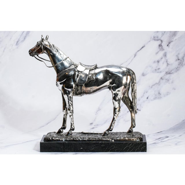 Early 20th Century Silverplate Antique Horse Equestrian Statue Sculpture Trophy Marble Base For Sale - Image 13 of 17