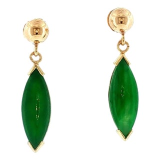 Late 20th-Century 14k Yellow Gold Marquise Shaped Jadeite Drop Earrings For Sale