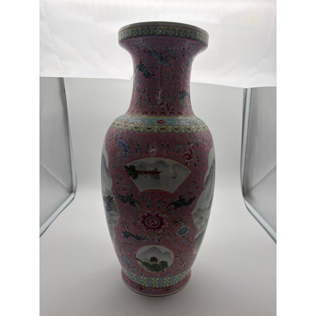 Chinese Large 20th Century Chinese Famille Rose Porcelain Baluster Vase 18” For Sale - Image 3 of 9