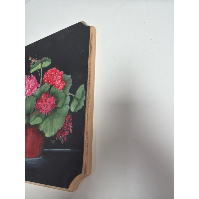 Farmhouse Vintage Hand Painted Geranium Floral Wood Plaque Signed Lorelle S. For Sale - Image 3 of 11