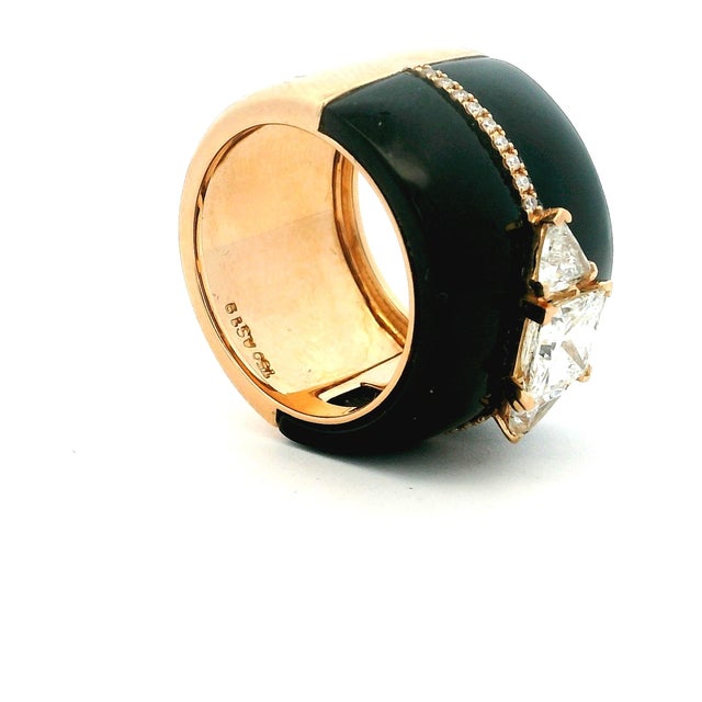 Black 1990s Italian Black Agate & Diamond Ring in 18k Rose Gold, Size 7 For Sale - Image 8 of 11
