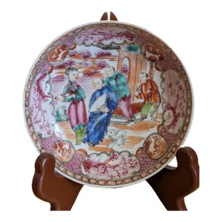 Antique Chinese Rose Mandarin Figure Porcelain Saucer, Around Qianlong Era For Sale