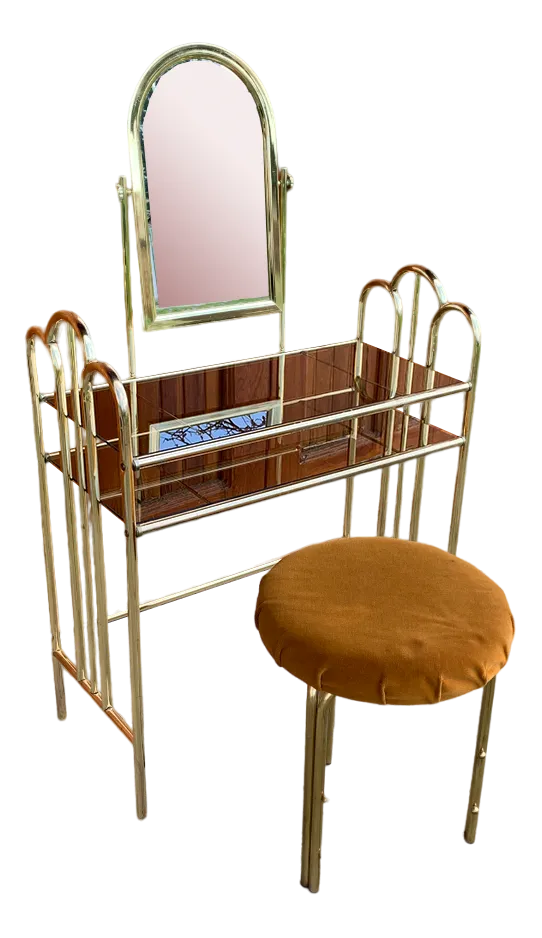 Vintage Dressing Table and Stool in Brass, 1950s, Set of 2 | Chairish
