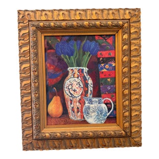 Vibrant Fauvist-Style Still Life Painting, Blue Tulips With Chinoiserie Vase & Pear, Framed For Sale