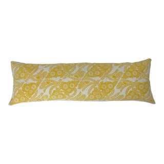 Vintage Yellow and White Hand Block Printed Folly Cove Designers Pillow For Sale