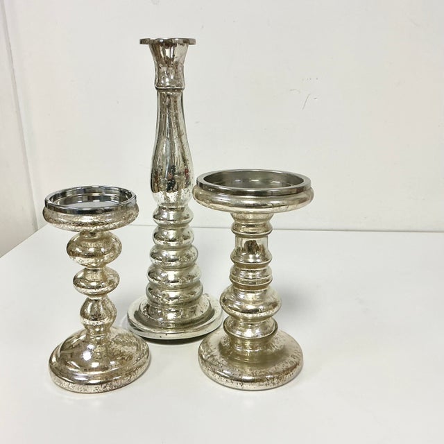1990s Vintage Boho Chic Modern West Elm Attributed Mercury Glass Candleholders - Set of 3. For Sale - Image 11 of 12