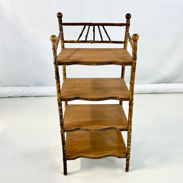 Antique Victorian English Chinoiserie Ball & Stick Scorched Bamboo Etagere - 4 Shelves. For Sale - Image 6 of 13