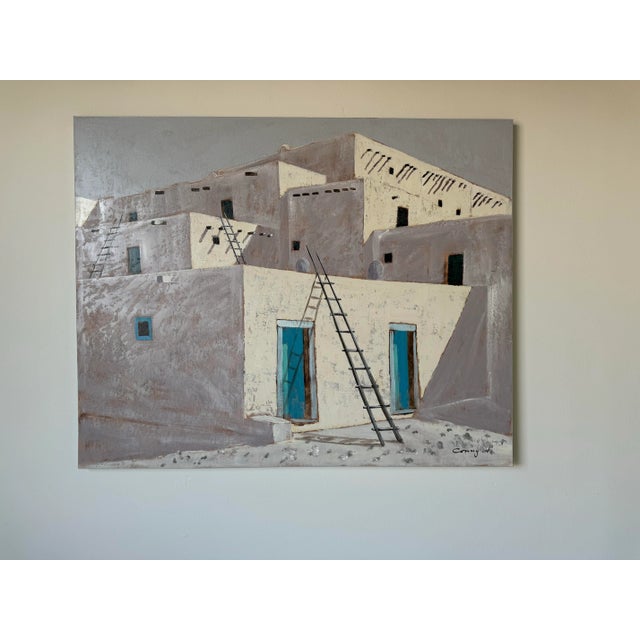 1980's Large Vintage Southwestern Taos New Mexico Adobe House Oil Painting, Signed For Sale - Image 11 of 12