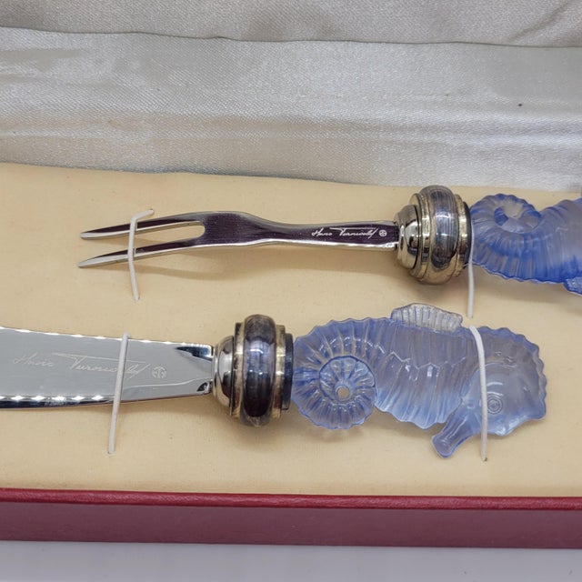 Coastal Late 20th Century Hans Turnwald Marine Life Seahorse Spreader and Food Pick Set Silver Plated Blue With Box For Sale - Image 3 of 5