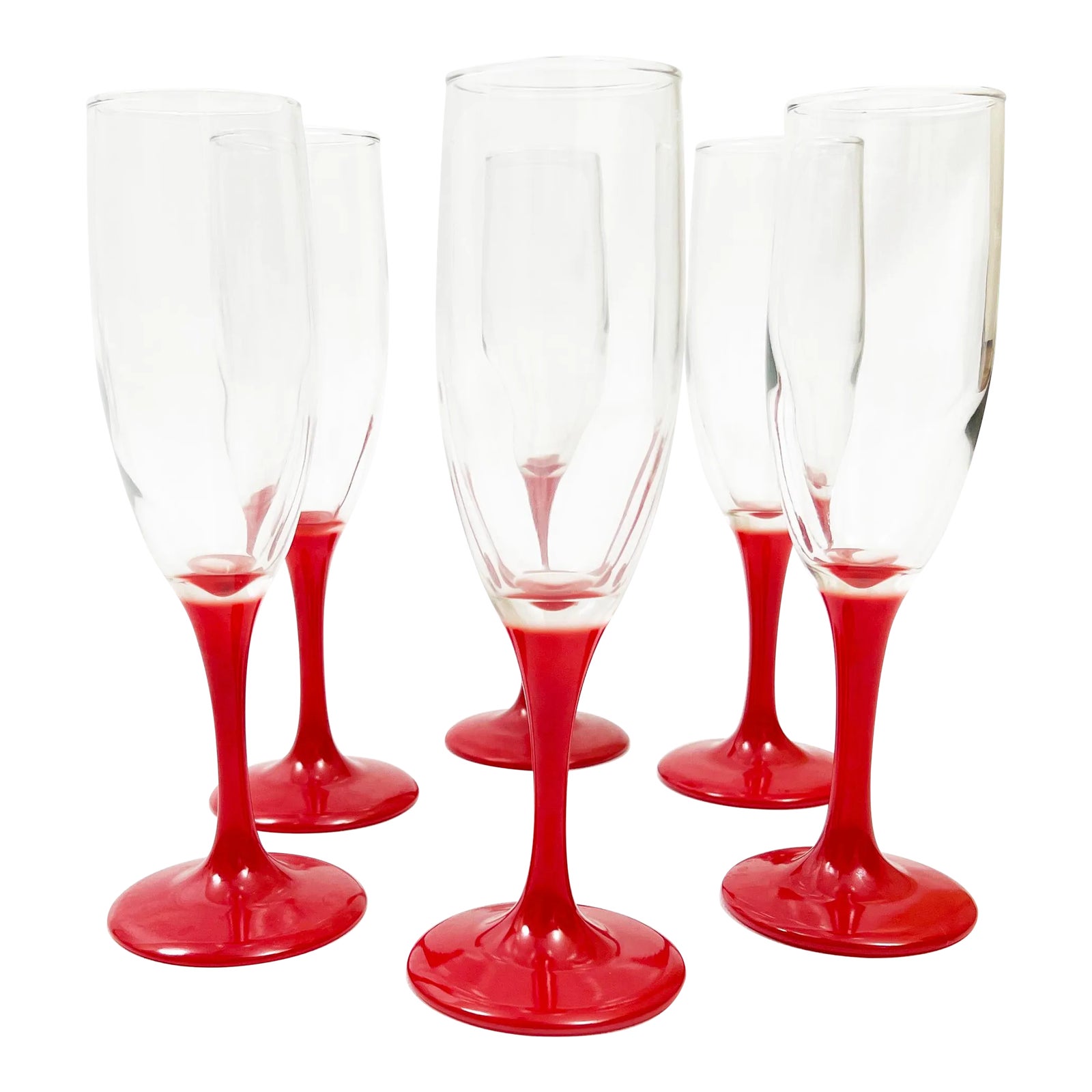 Vintage Bold Red Stemmed Blown Glass Champagne / Wine Glasses Set of