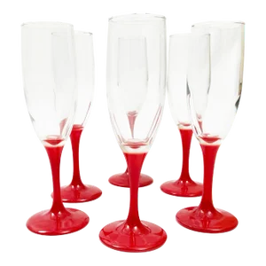 Vintage Bold Red Stemmed Blown Glass Champagne / Wine Glasses - Set of 6