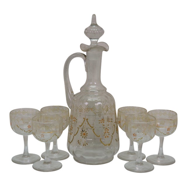 Antique Victorian Bohemian Enameled Decanter & 6 Cordial Goblet Glasses 12" For Sale