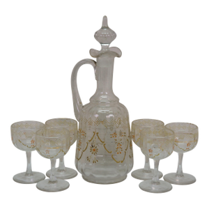 Antique Victorian Bohemian Enameled Decanter & 6 Cordial Goblet Glasses 12"