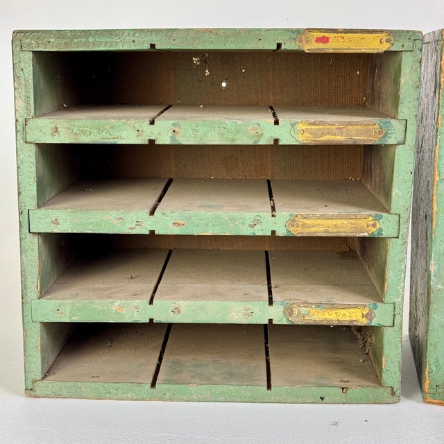 Vintage Pair of Salvaged Workshop Slotted Wood Shelving Units in Green Paint & Brass Labels For Sale In New York - Image 6 of 8