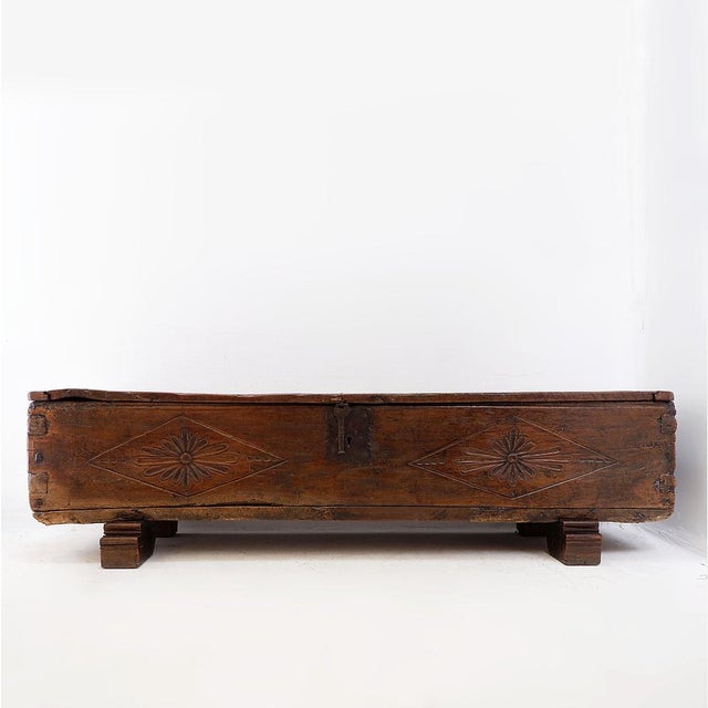 Spanish Carved Oak Bench Coffer, 1700s For Sale - Image 4 of 16