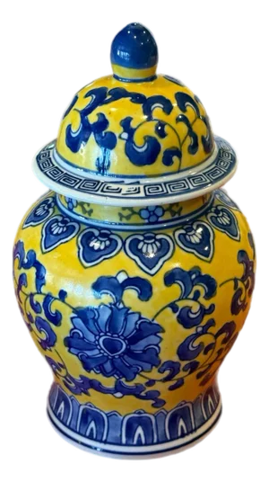 Late 20th Century Yellow & Blue Chinoiserie Ginger Jar