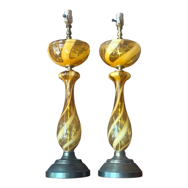 Pair of Italian Murano Ribbon Glass Amber Table Lamps For Sale