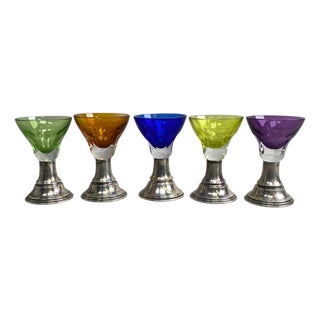Vintage Colored Cut Glasses on Silver Stems, 1930s, Set of 5 For Sale