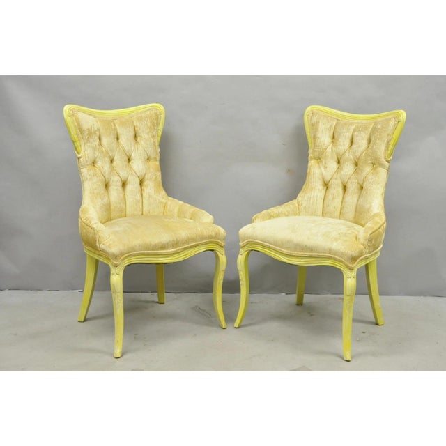 Vintage French Hollywood Regency Yellow Tufted Drape Carved Side Chairs - A Pair For Sale - Image 15 of 16