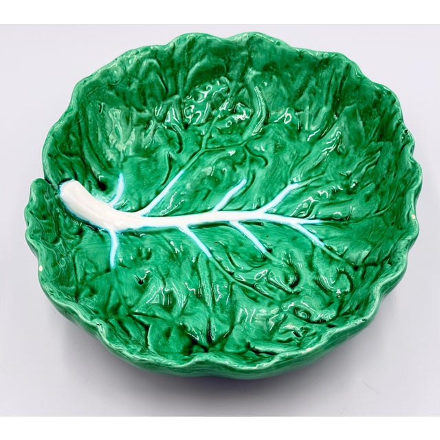 Ceramic 1940s Bordallo Pinheiro Cabbage Leaf Bowl Pressed Frog Mark Portugal Majolica 9" For Sale - Image 7 of 7