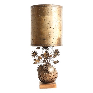 Large Sculptural Brass Table Lamp with Floral Base, 1970s For Sale