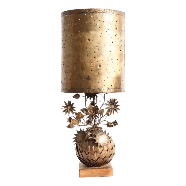 Large Sculptural Brass Table Lamp with Floral Base, 1970s For Sale