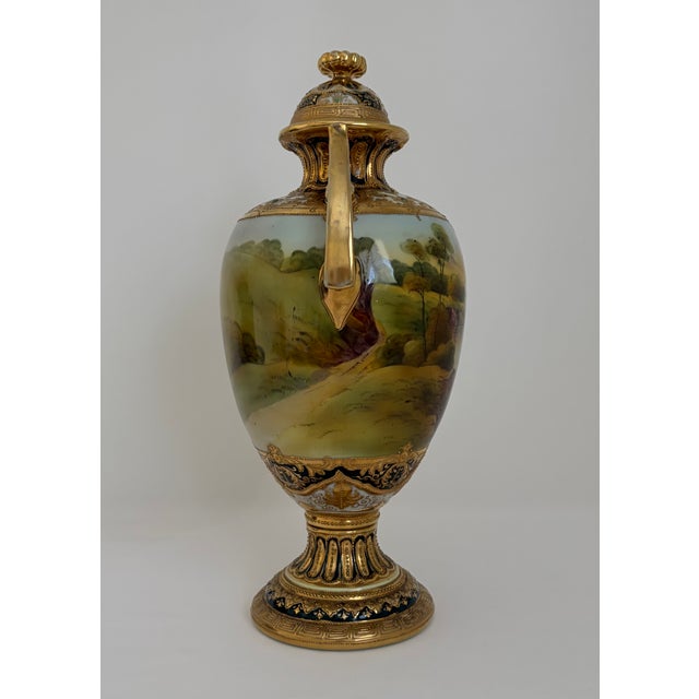 Antique Nippon Hand-Painted Scenic Covered Urn With Gilt & Jeweled Enamel, C. 1900 For Sale In Dallas - Image 6 of 18