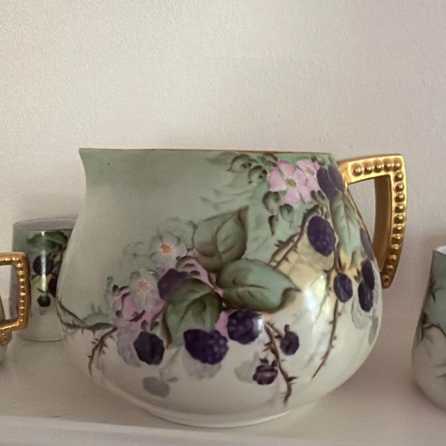 1910s 6 Piece Antique Limoges Hand Painted by McCue BlackBerry Pitcher and Cups For Sale - Image 5 of 9